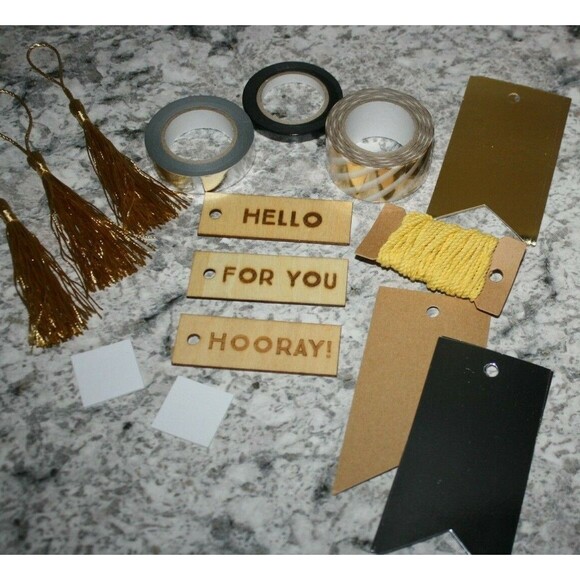 SPRITZ MINIATURE PAINT CAN TAG KIT TASSELS BURNED TAGS STRING TAPE GOLD SILVER - Picture 3 of 4
